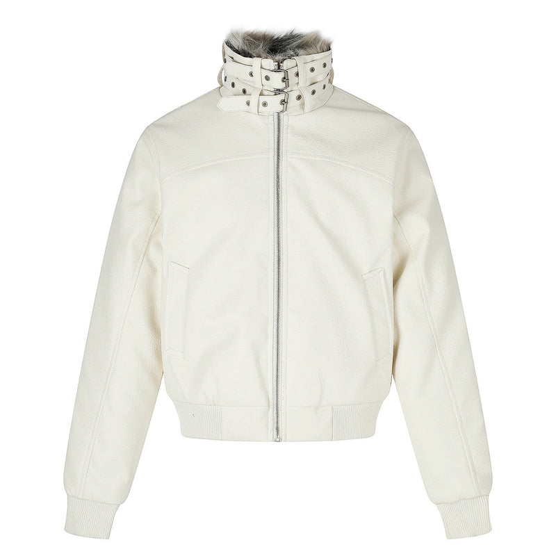 PU Leather Bomber Jacket with Faux Fur Collar & Buckle Strap Stand Neck