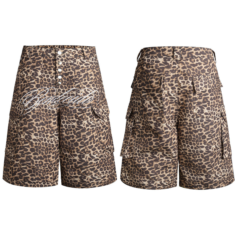 Leopard print baggy cargo shorts with front snap closure and side flap pockets, front and back views