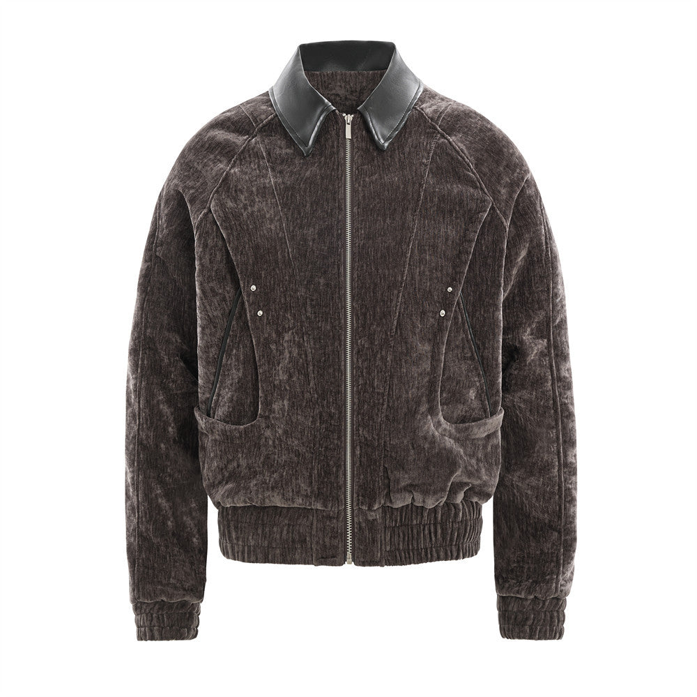 Blouson bomber homme en velours froissé, col en similicuir et grandes poches avant, marron foncé