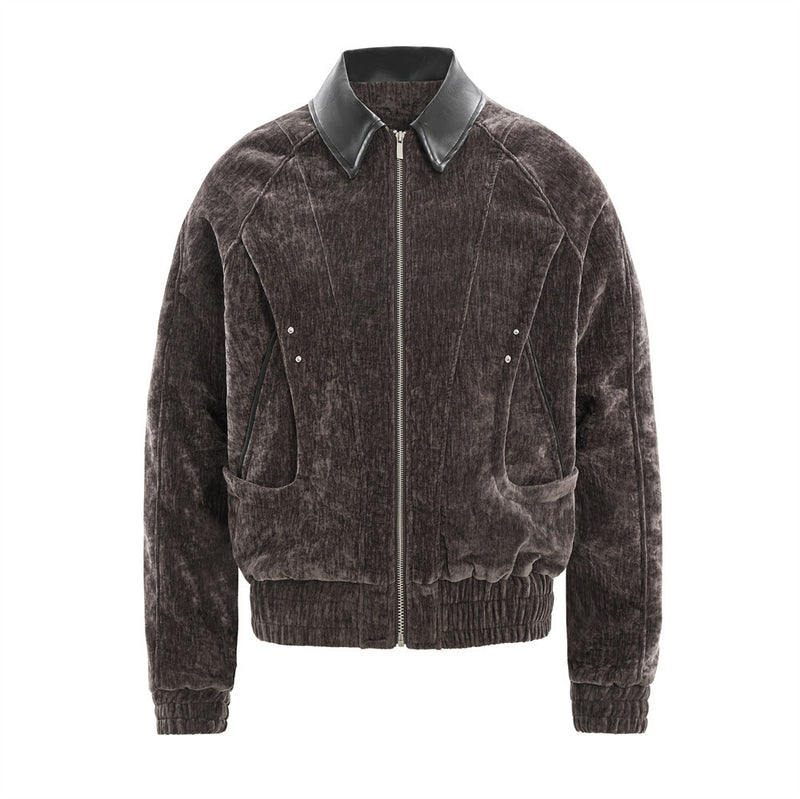 Blouson bomber homme en velours froissé, col en similicuir et grandes poches avant, marron foncé