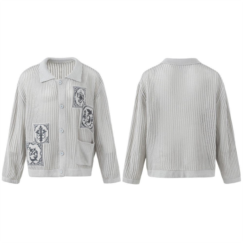 Jacquard Open-Knit Cardigan Sweater – Relaxed Fit with Graphic Tile Pattern