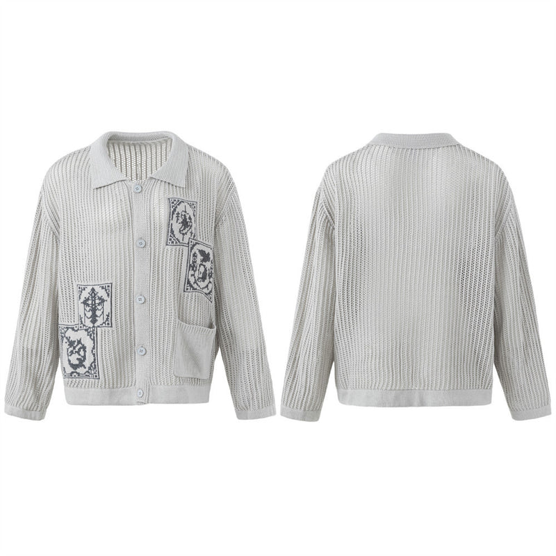 Jacquard Open-Knit Cardigan Sweater – Relaxed Fit with Graphic Tile Pattern