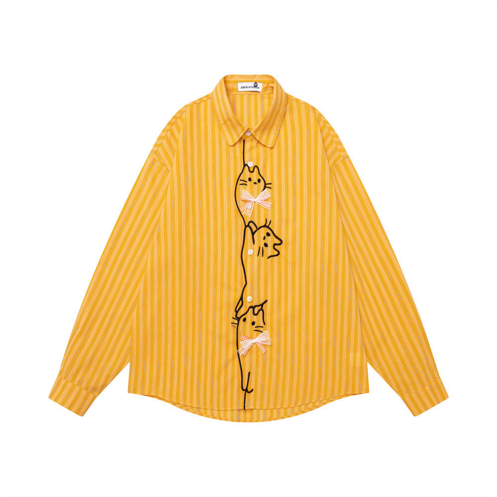 Camisa oversize de rayas con bordado de gato cartoon y detalles de lazos