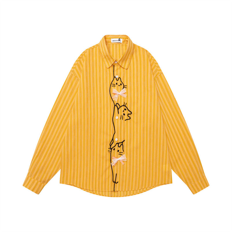 Camisa oversize de rayas con bordado de gato cartoon y detalles de lazos