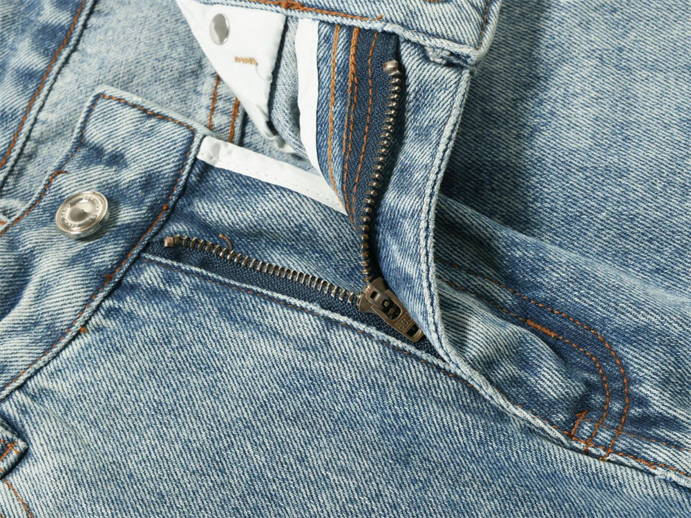 Men's Baggy Wide-Leg Jeans – Studded & Embroidered Washed Denim