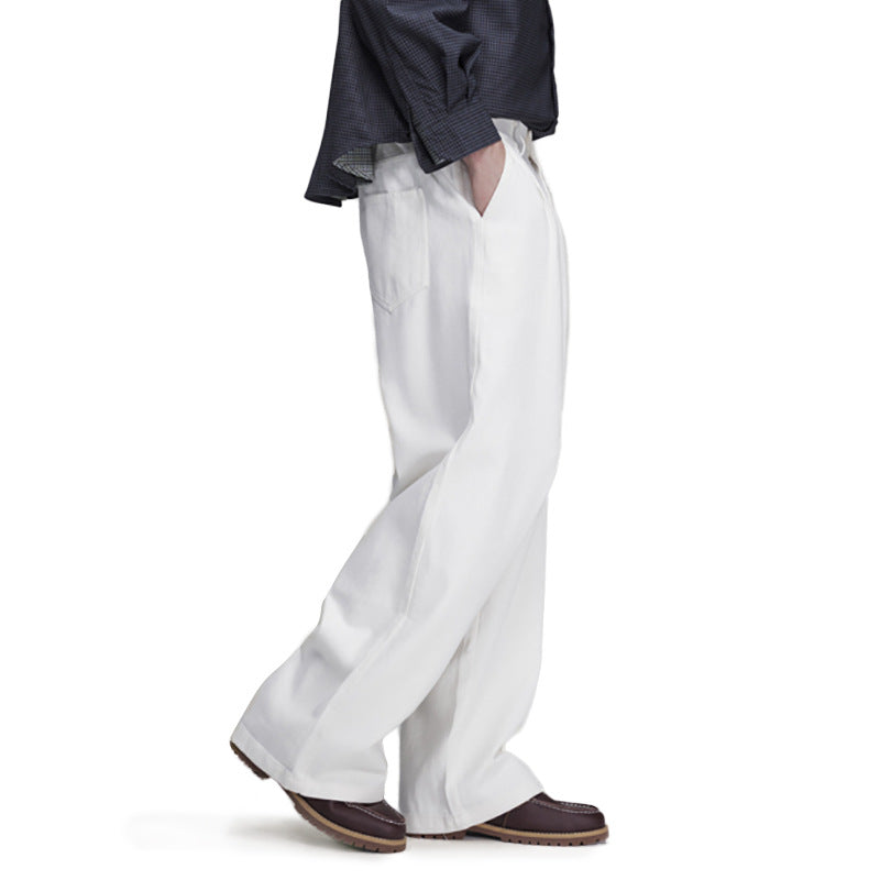 Wide-Leg Straight Casual Pants for Men — Relaxed Fit Pleated Denim Trousers