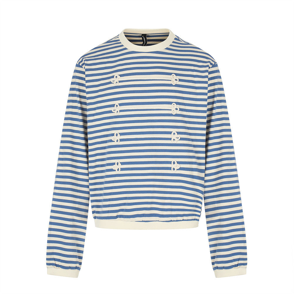 Blue and cream striped long sleeve shirt with contrast trim and floral knit front, flat view