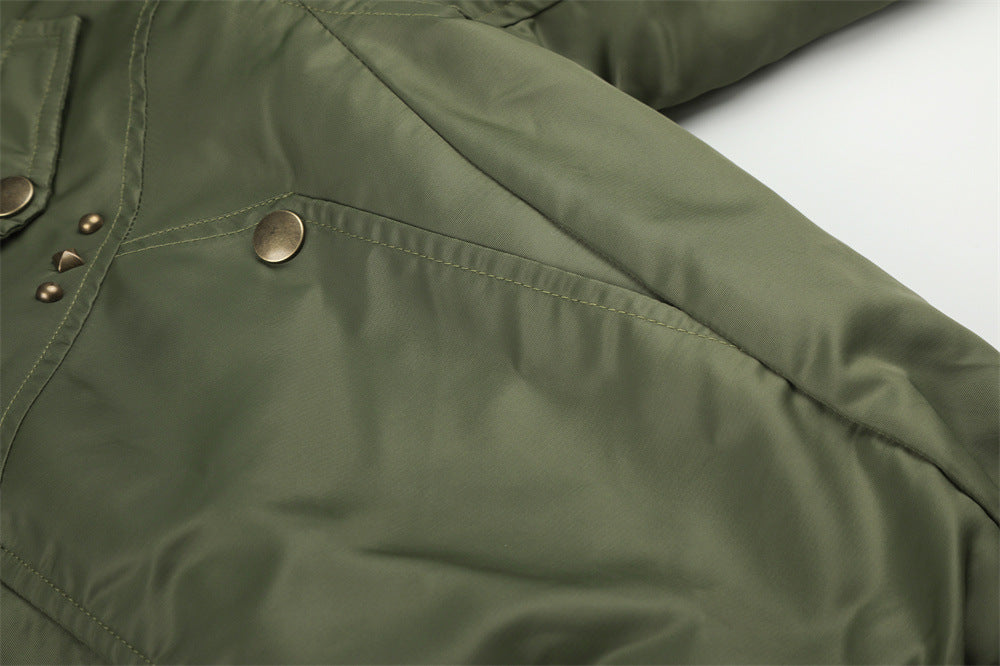 Men's Army Green Bomber Jacket with Leopard Faux Fur Collar & Rivet Detail