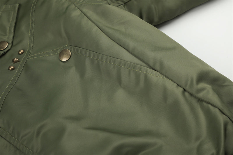 Men's Army Green Bomber Jacket with Leopard Faux Fur Collar & Rivet Detail
