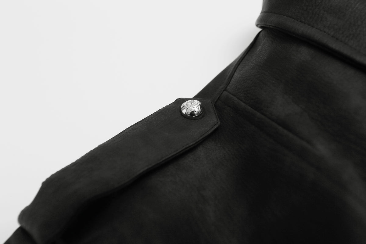 Military-Style Faux Leather Jacket – Punk Band Collar with Decorative Buttons