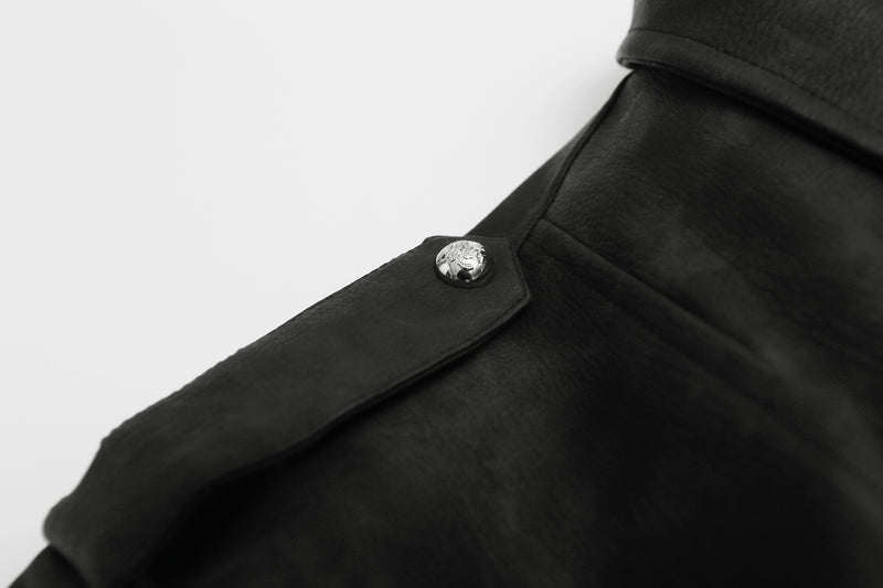 Military-Style Faux Leather Jacket – Punk Band Collar with Decorative Buttons