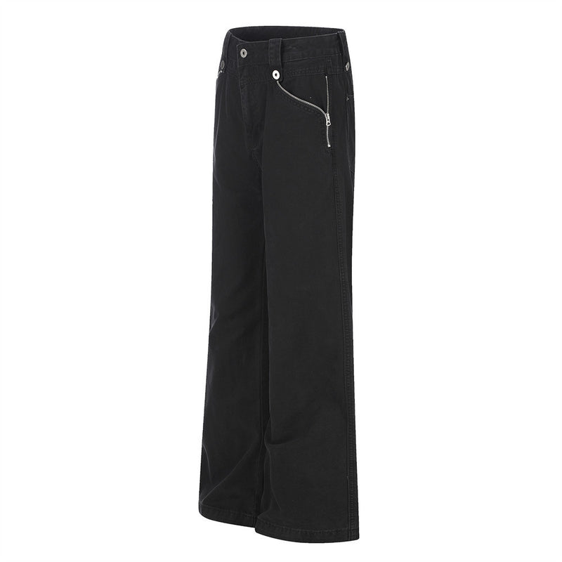 Wide-Leg Zip Pocket Pants – Vintage Washed Flare Trousers