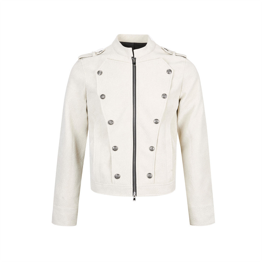 Men's faux leather military jacket with double-breasted silver metal buttons and stand collar in white