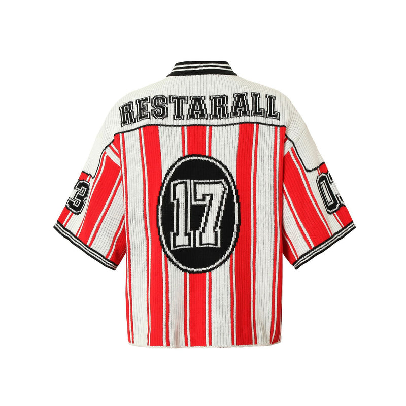 Red and White Striped V-Neck Sweater – Number 17 Oversized Knit Sports Jersey