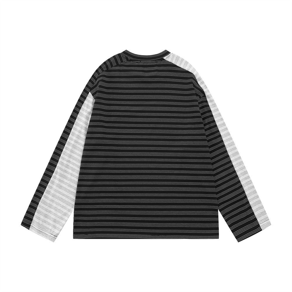 T-shirt homme manches longues noir et blanc à rayures color block, col rond oversize