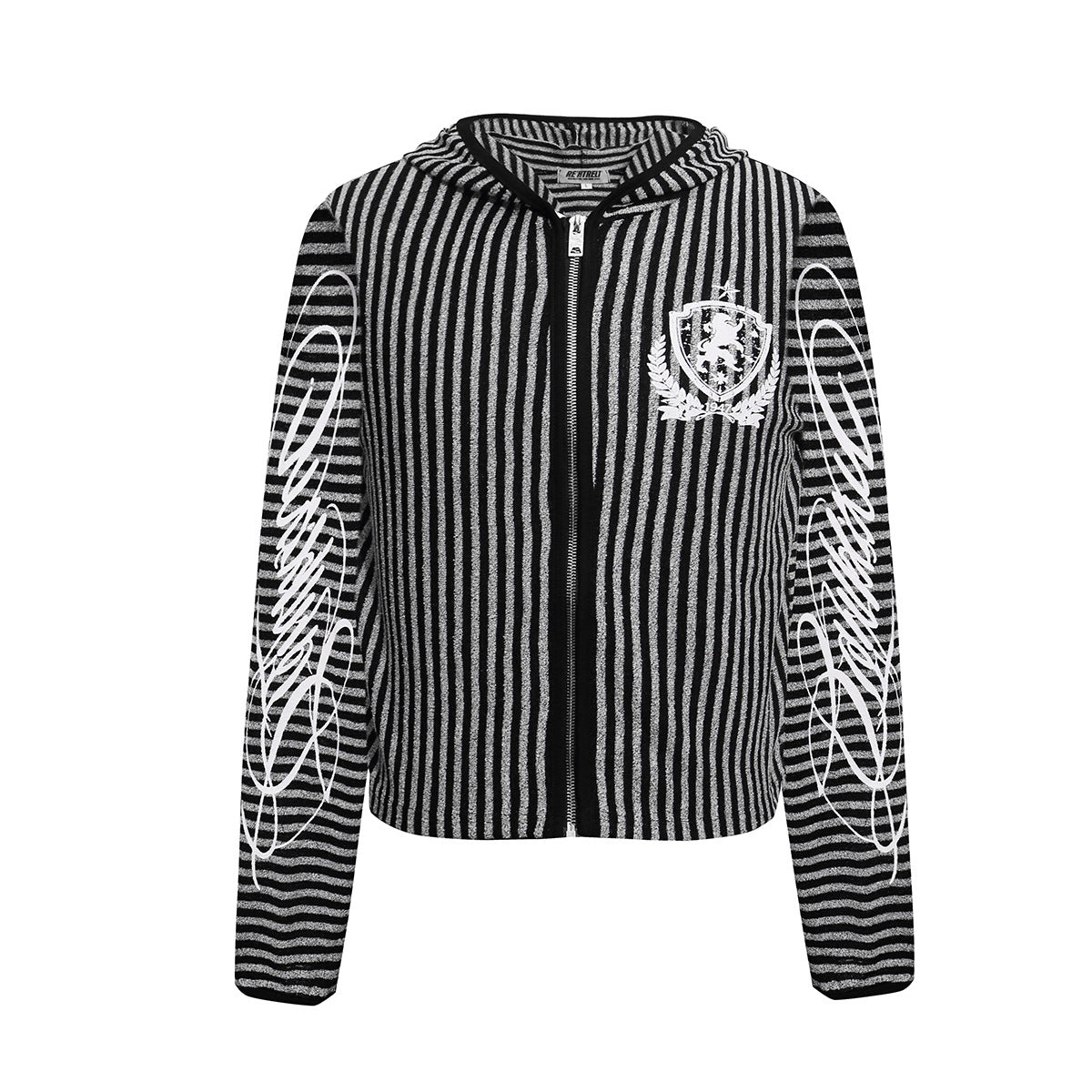 Striped Zip-Up Hoodie with Crest Embroidery & Sleeve Graphics