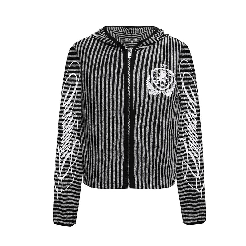 Striped Zip-Up Hoodie with Crest Embroidery & Sleeve Graphics