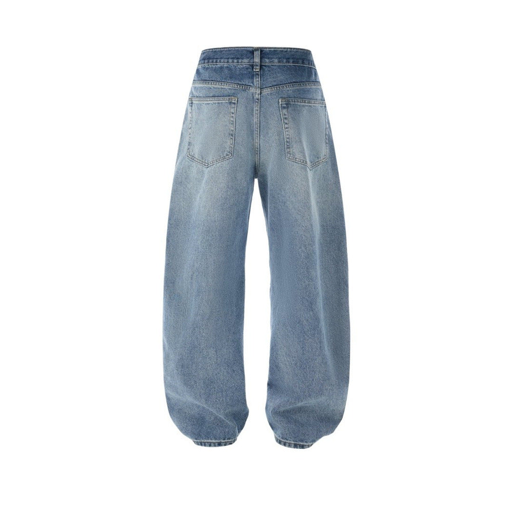 Men's Patchwork Wide-Leg Jeans – Straight Fit Streetwear Denim with Contrast