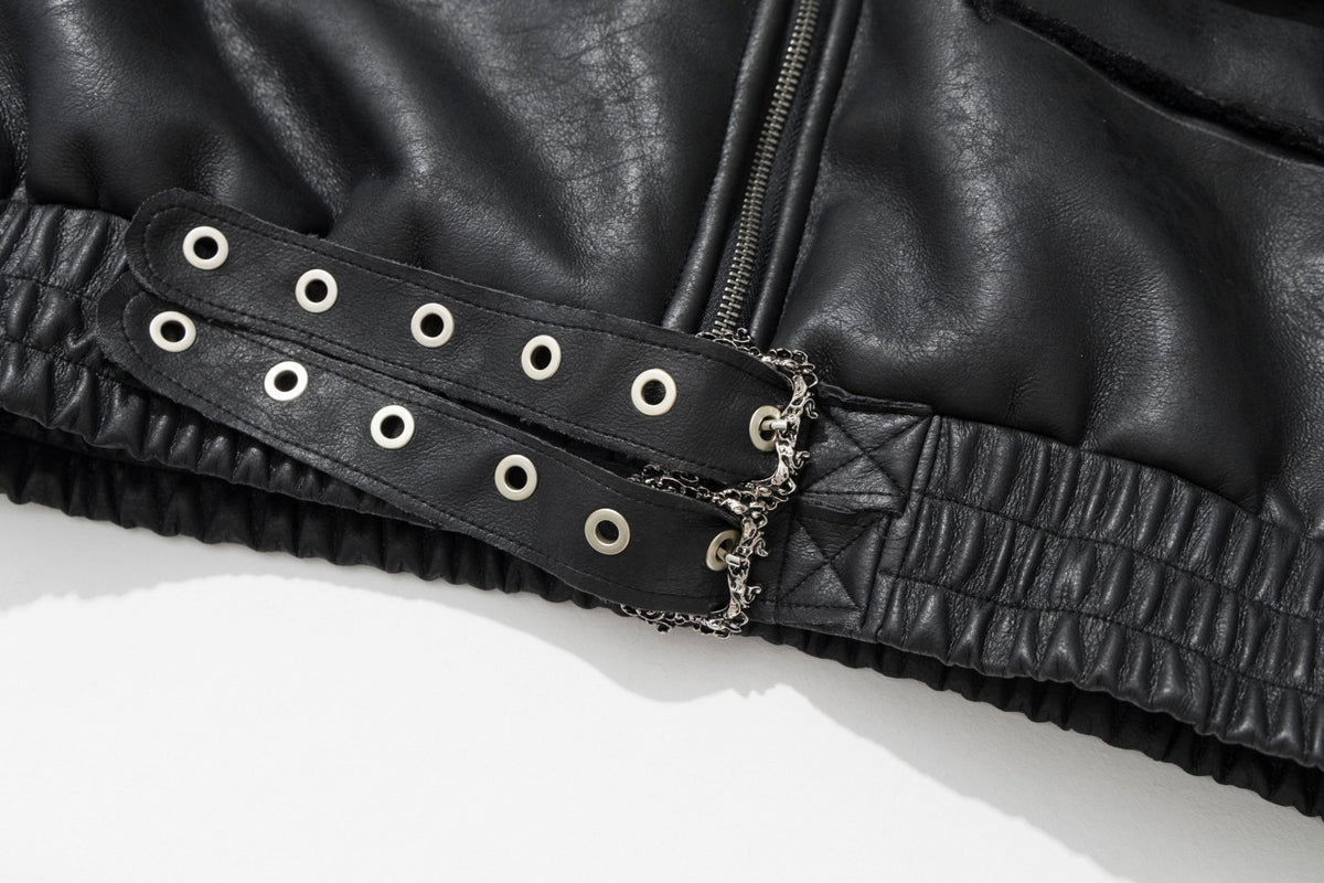 Leather Jacket with Fur Collar – Black Bomber Moto Jacket with Cargo Pockets &