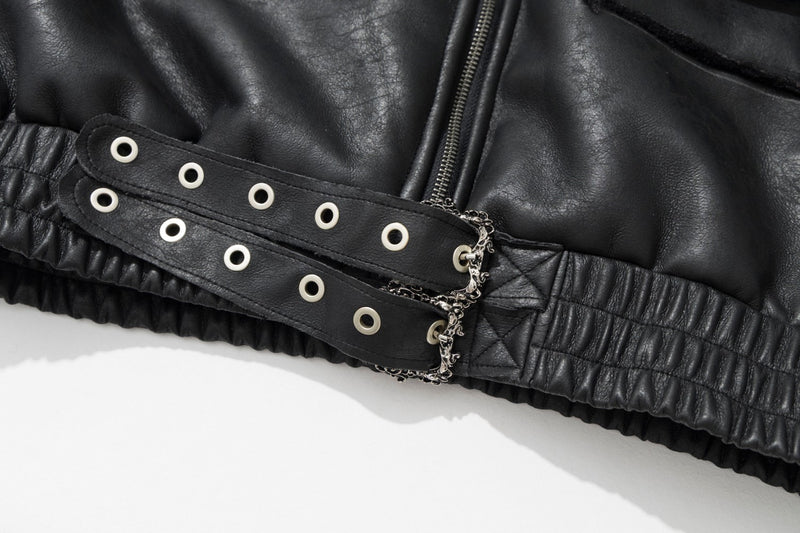 Leather Jacket with Fur Collar – Black Bomber Moto Jacket with Cargo Pockets &