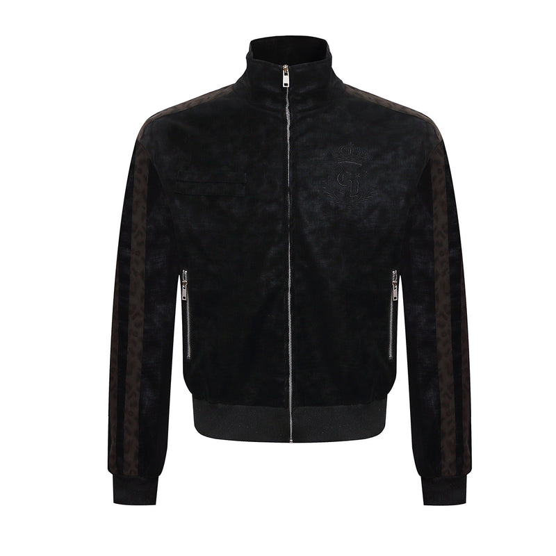 High Neck Leather Jacket with Leopard Side Panels & Crown Emblem