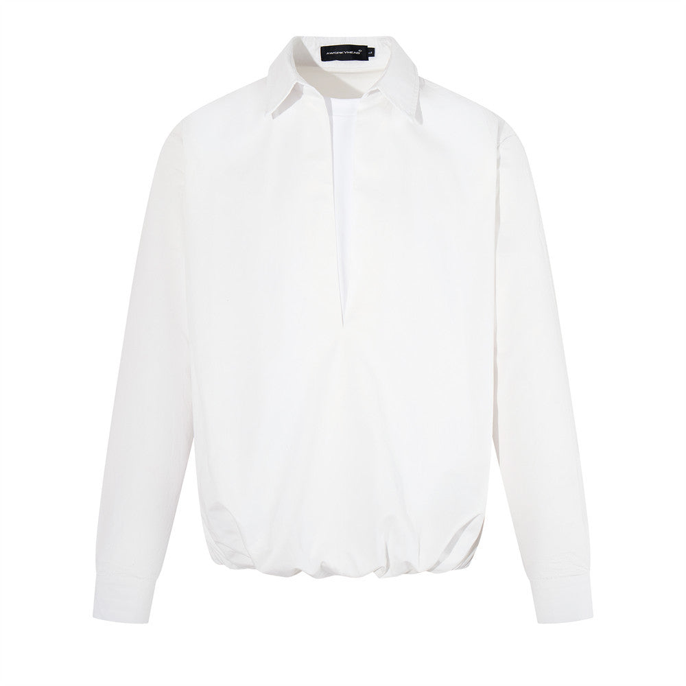 White oversized long sleeve pullover shirt with pointed collar and faux layered V-neck front
