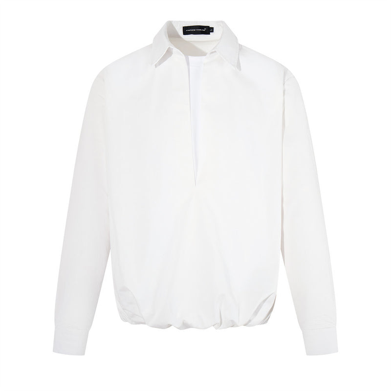 White oversized long sleeve pullover shirt with pointed collar and faux layered V-neck front