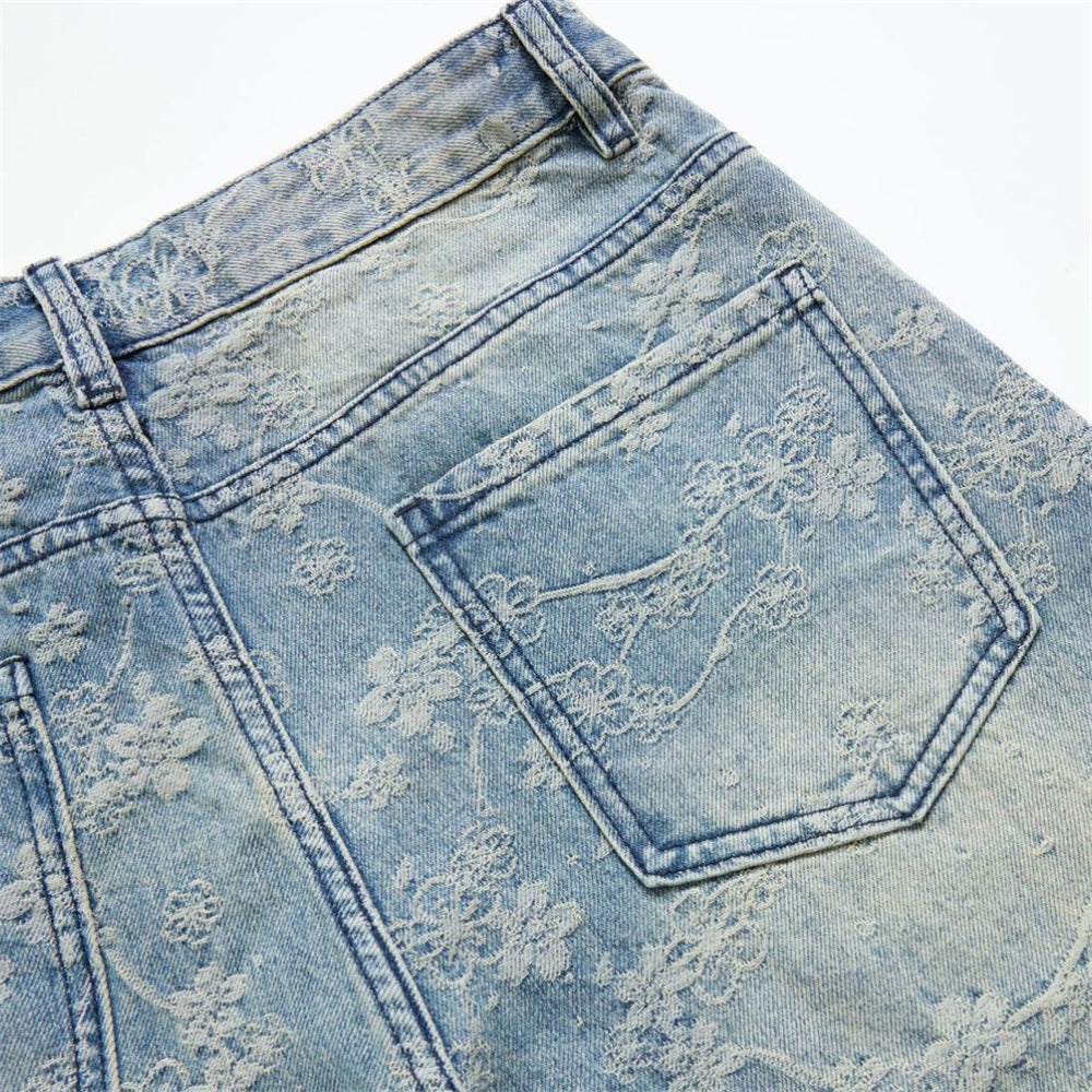 Loose Fit Wide-Leg Jeans – Floral Lace Embroidery, Washed Light Blue Denim