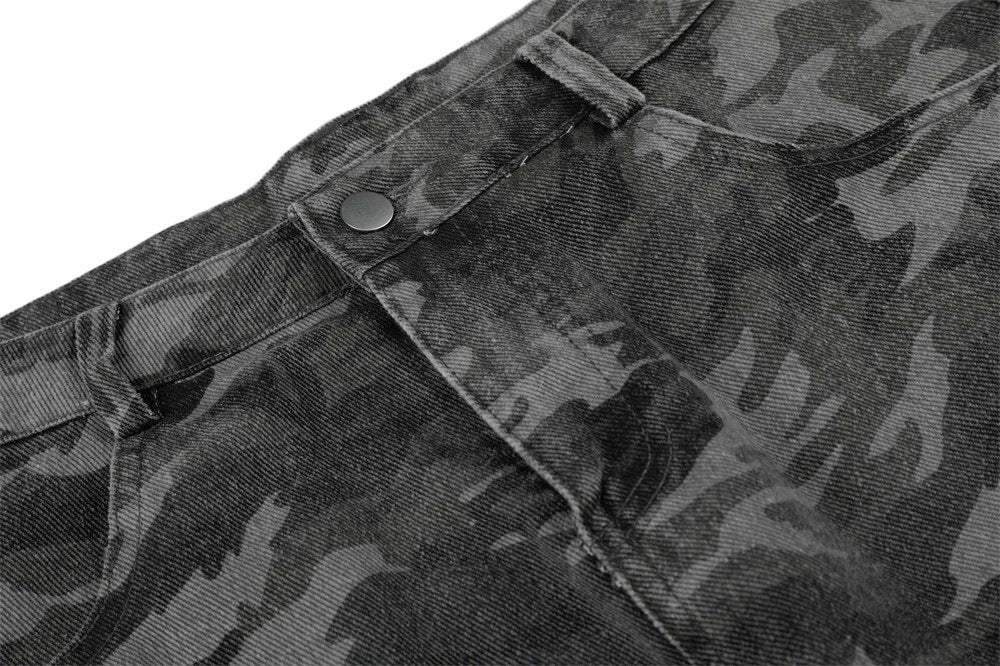 Camo Wide-Leg Jeans with Metal Studs – Punk Streetwear Barrel Fit
