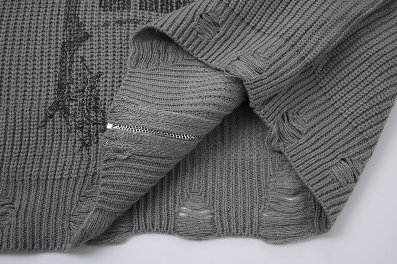 Pull col montant zippé en maille gothique à croix imprimée et effet usé
