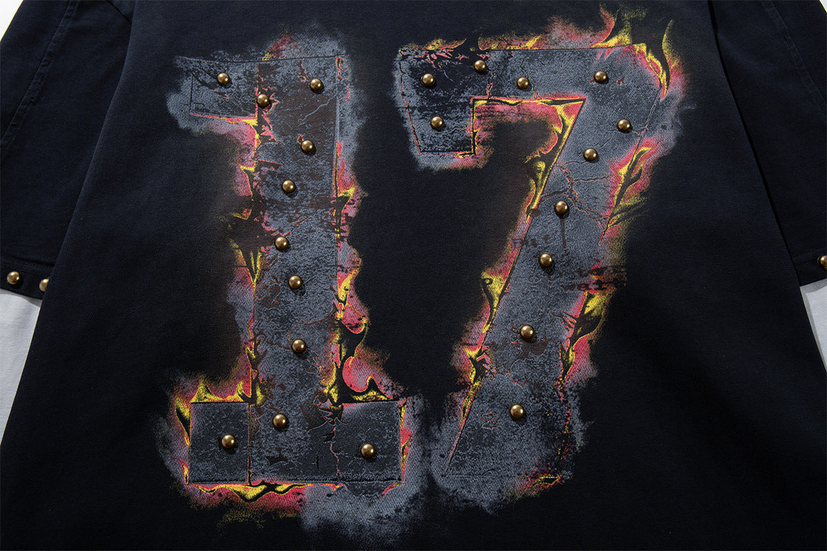 T-shirt manches longues effet superposé Flame 17 – Bas délavé, clous