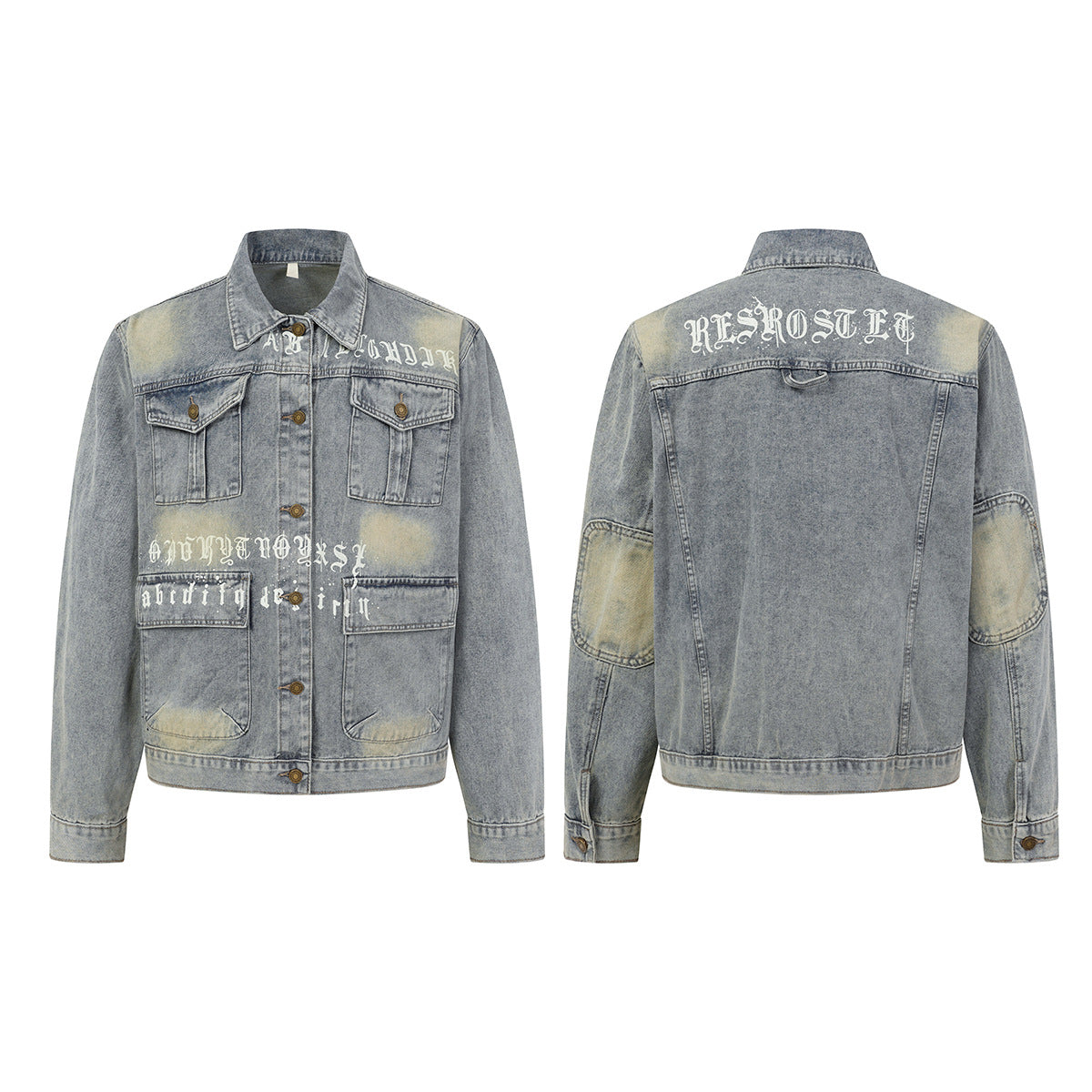Veste en denim délavé et usé à lettrage Old English – Coupe workwear droite