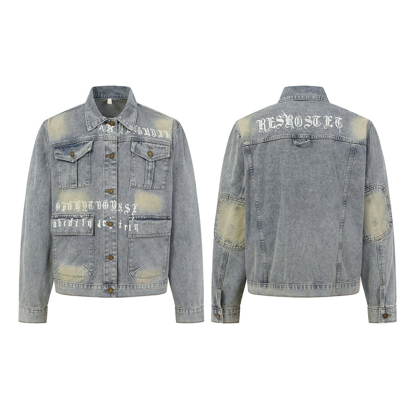 Veste en denim délavé et usé à lettrage Old English – Coupe workwear droite