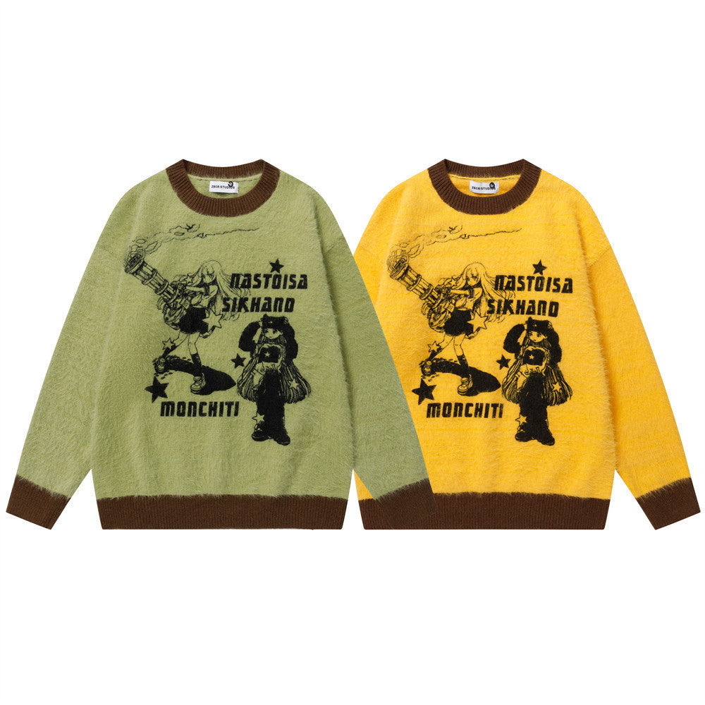 Anime Cartoon Print Crewneck Fuzzy Sweater – Oversized Color-Block Knit Pullover