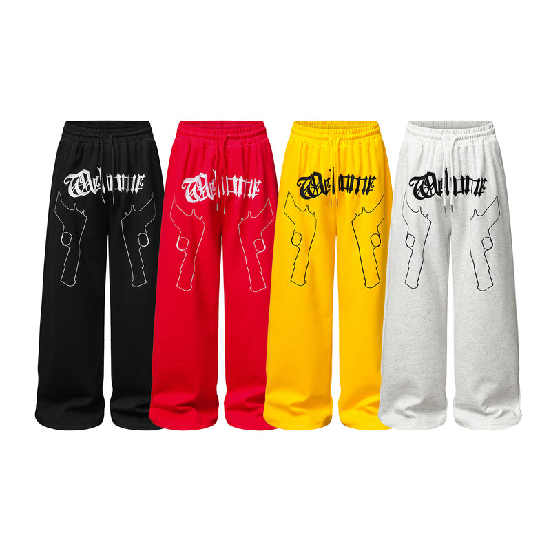Pantalon de survêtement à jambes larges avec imprimé gothique « Welcome » et deux pistolets – Style streetwear hip-hop