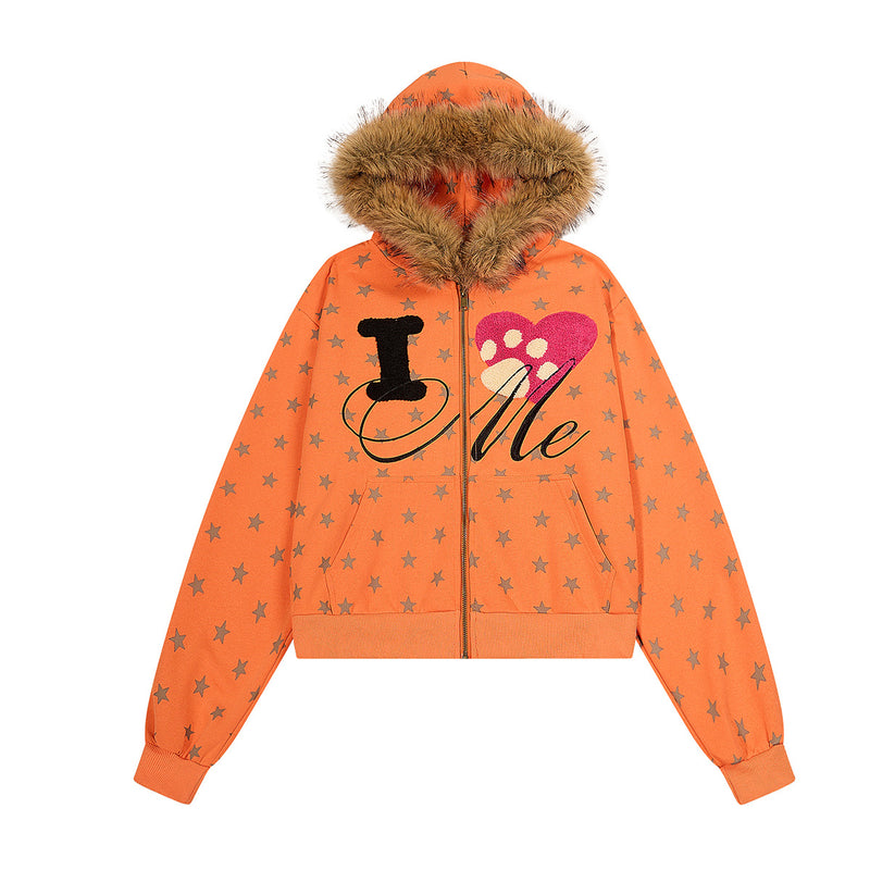 Sweat à capuche zippé imprimé étoiles, capuche bordée de fausse fourrure et motif patte-cœur « I Love Me » orange