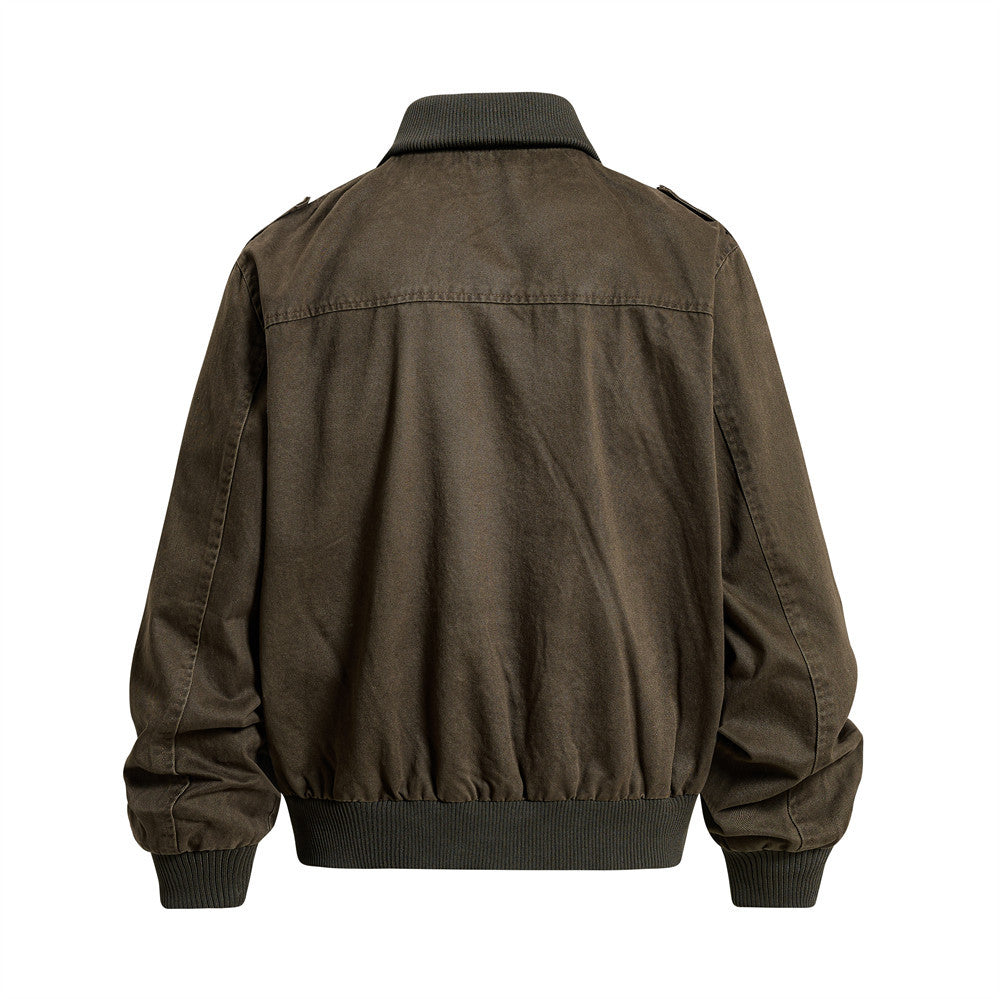 Washed Cargo Bomber Jacket – Men's Oversized Stand Collar with Double Chest Zips