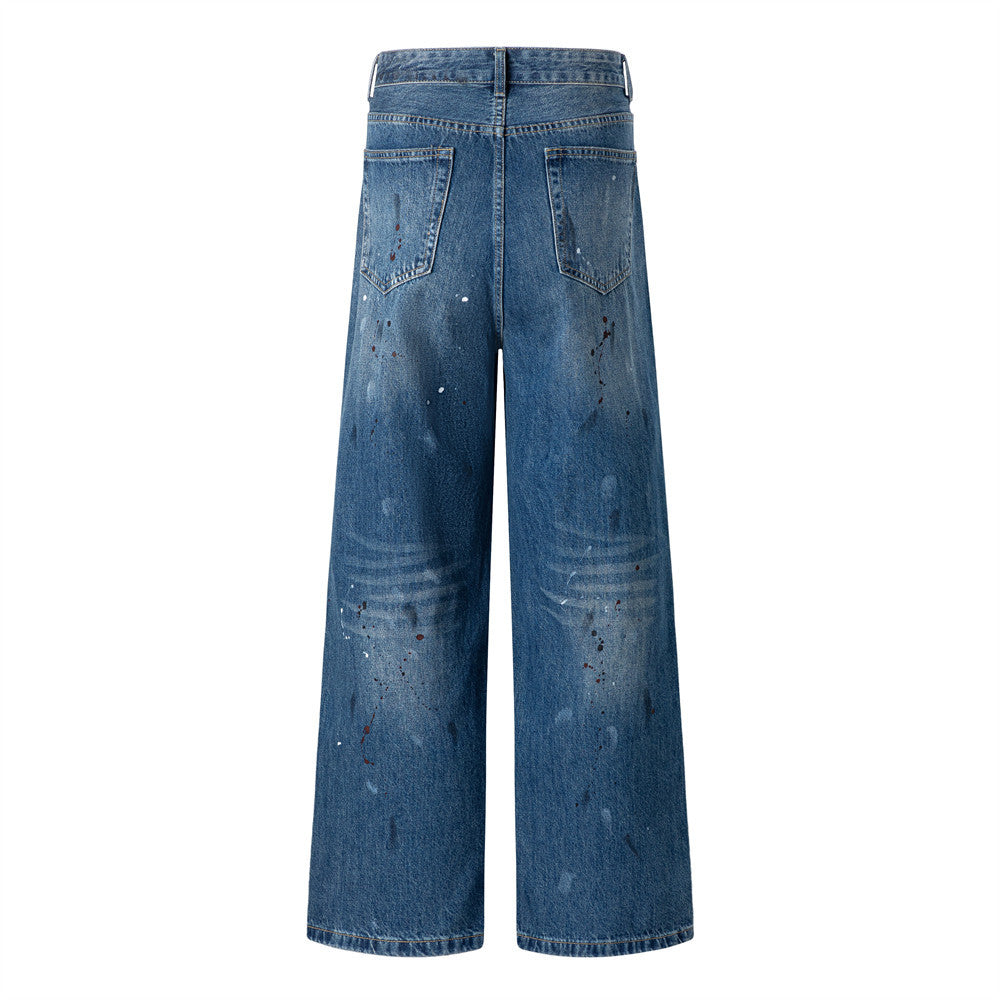 Wide-Leg Distressed Jeans with Paint Splatter & Ripped Knees – Vintage Punk