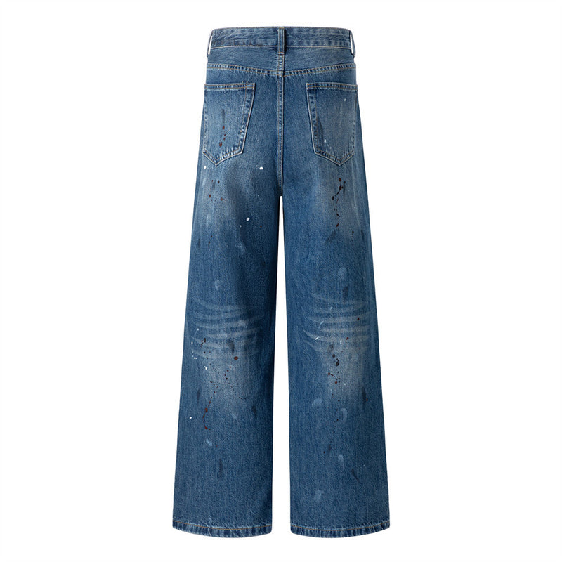 Wide-Leg Distressed Jeans with Paint Splatter & Ripped Knees – Vintage Punk