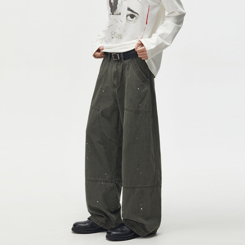 Baggy Cargo Pants Men – Olive Green Paint-Splatter Deconstructed Workwear