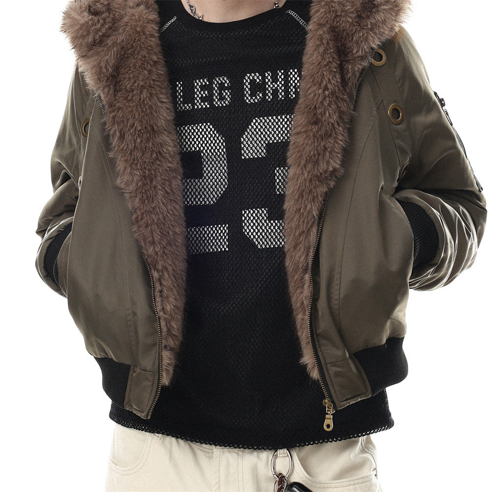 Faux Fur Hood Bomber Jacket – Metal Eyelet Detail Men's Winter Padded Flight