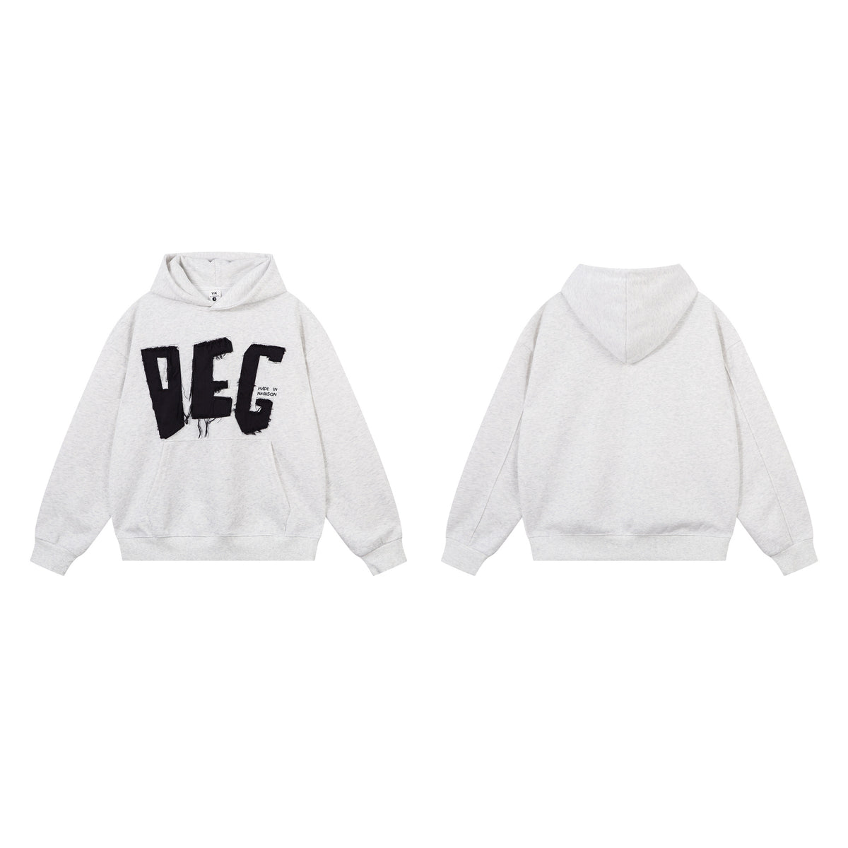 DEG Patch Letter Oversized Hoodie – Frayed Appliqué Streetwear Pullover