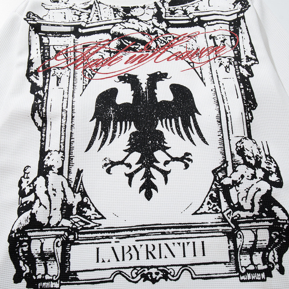 Labyrinth Double Eagle Crest Graphic Long-Sleeve Tee – White Waffle-Knit