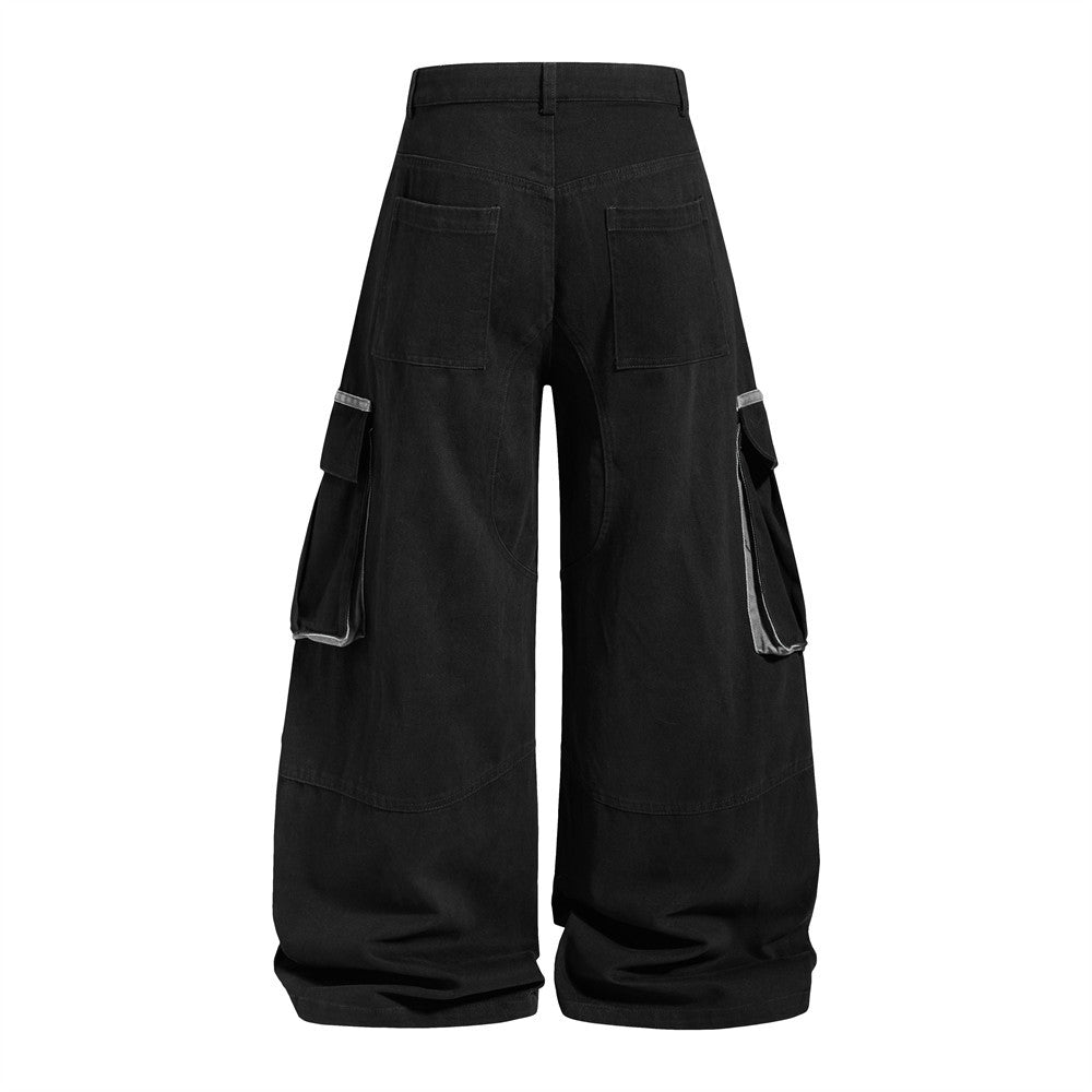 Wide-Leg Cargo Pants with Multi-Pocket Contrast Panel Design