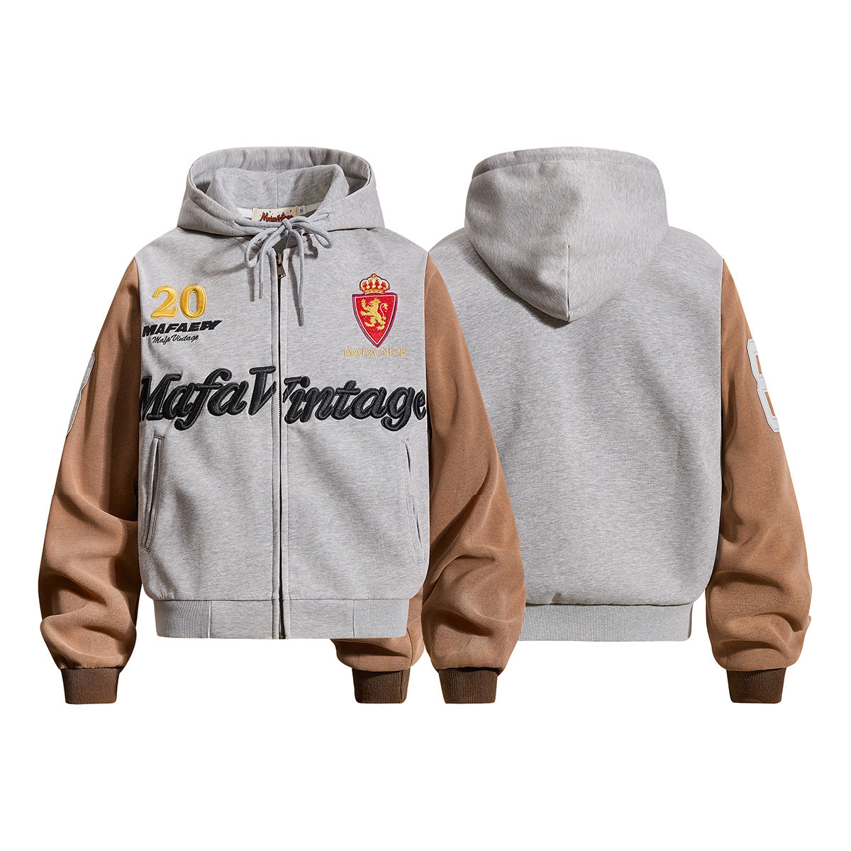 Mafa Vintageのカラーブロックジップアップパーカー。杢グレーとキャメルブラウンの配色に、筆記体刺繍と紋章バッジをあしらった前面デザイン