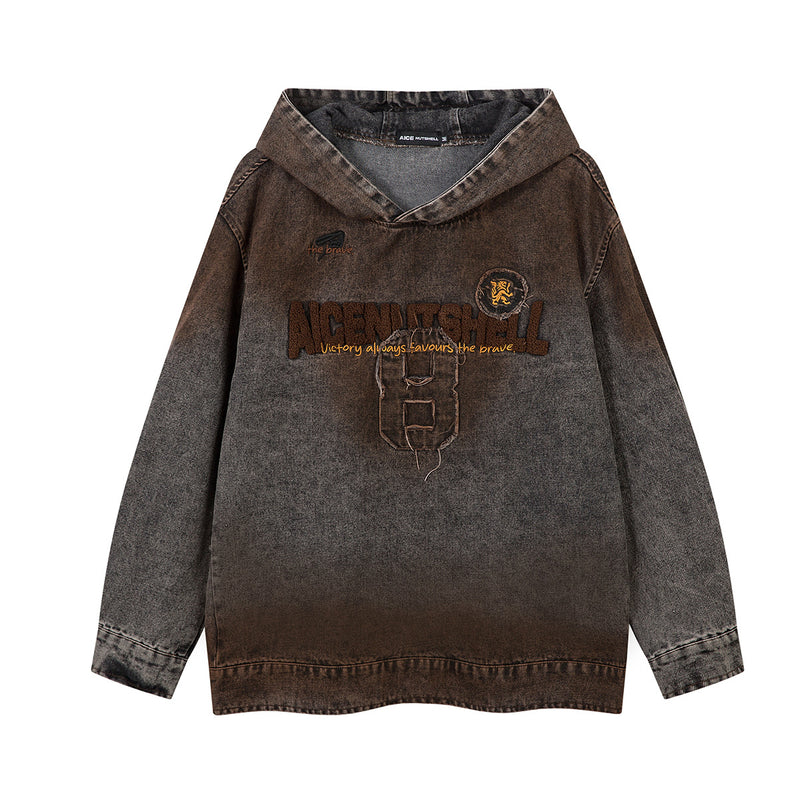 Washed Denim Hoodie Jacket – Boxy Fit with Embroidered Appliqué