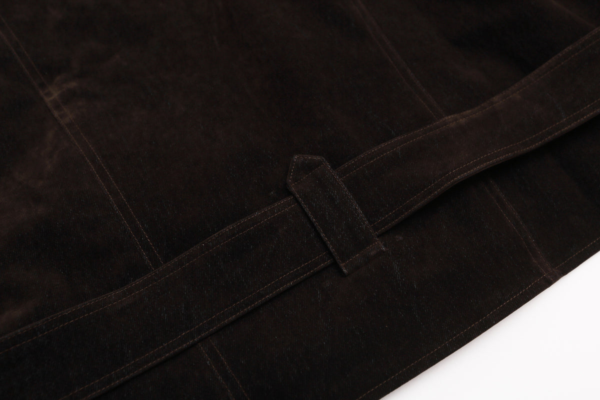 Dark Brown Suede Moto Jacket – Snap Button Stand Collar Belted Harrington