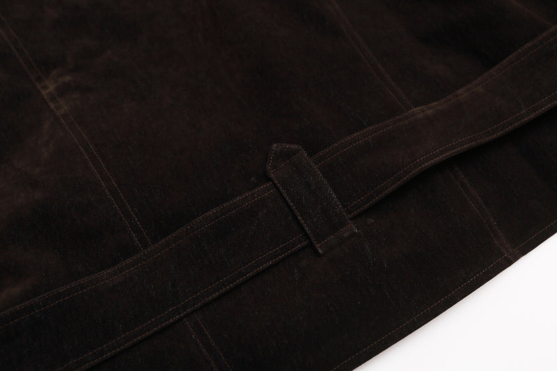 Dark Brown Suede Moto Jacket – Snap Button Stand Collar Belted Harrington