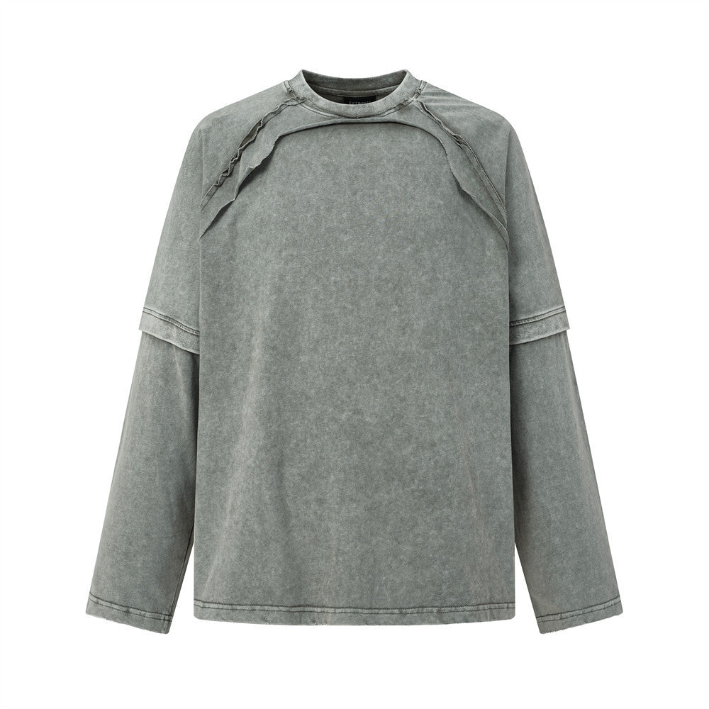 T-shirt manches longues à double épaisseur effet superposé, délavé à l’acide – Col ras-du-cou punk pour homme à ourlet brut