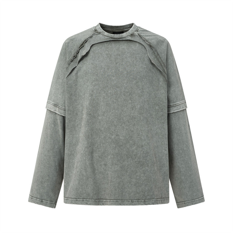T-shirt manches longues à double épaisseur effet superposé, délavé à l’acide – Col ras-du-cou punk pour homme à ourlet brut